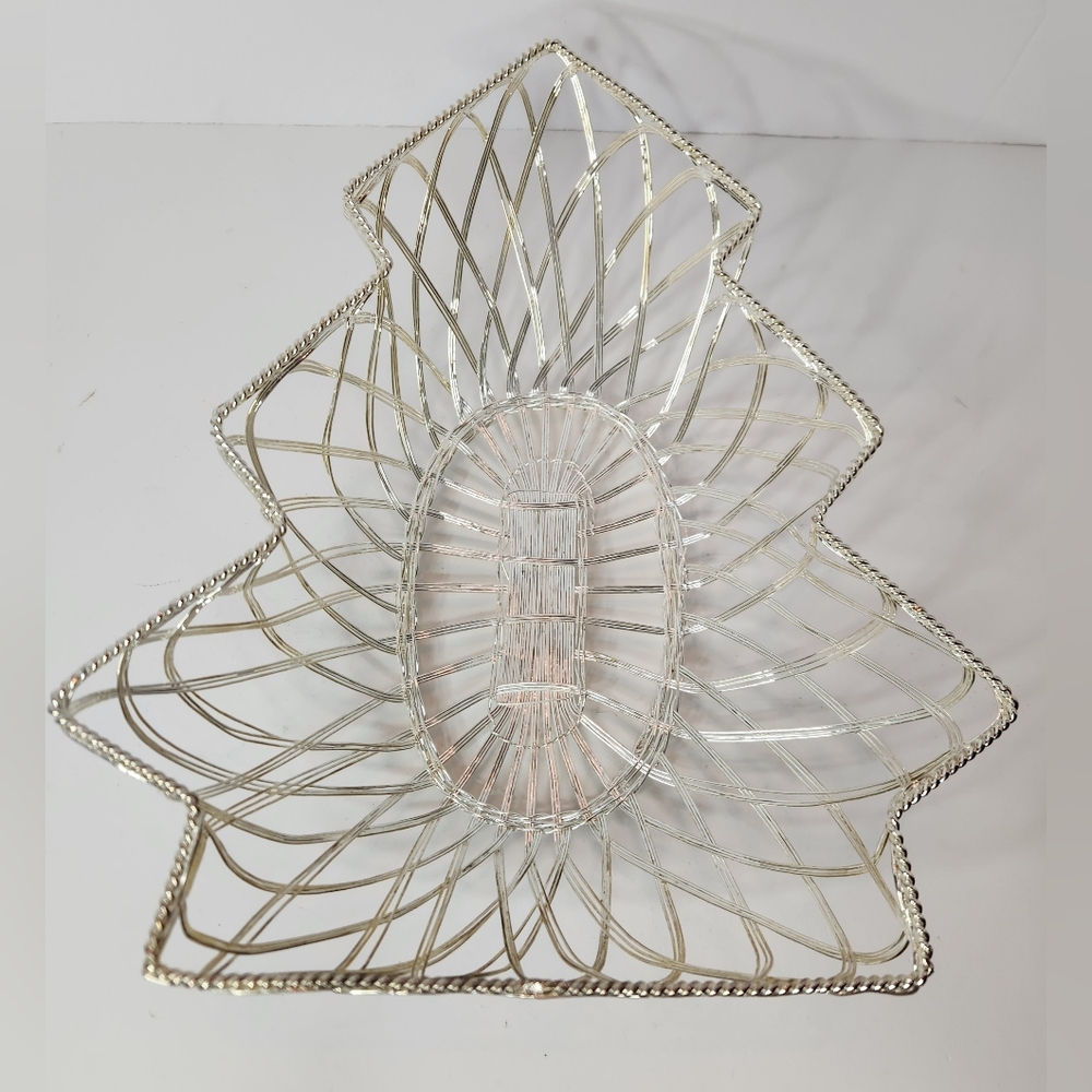 Vintage Woven Metal Wire Christmas Tree Basket, Holiday Decor 11" L